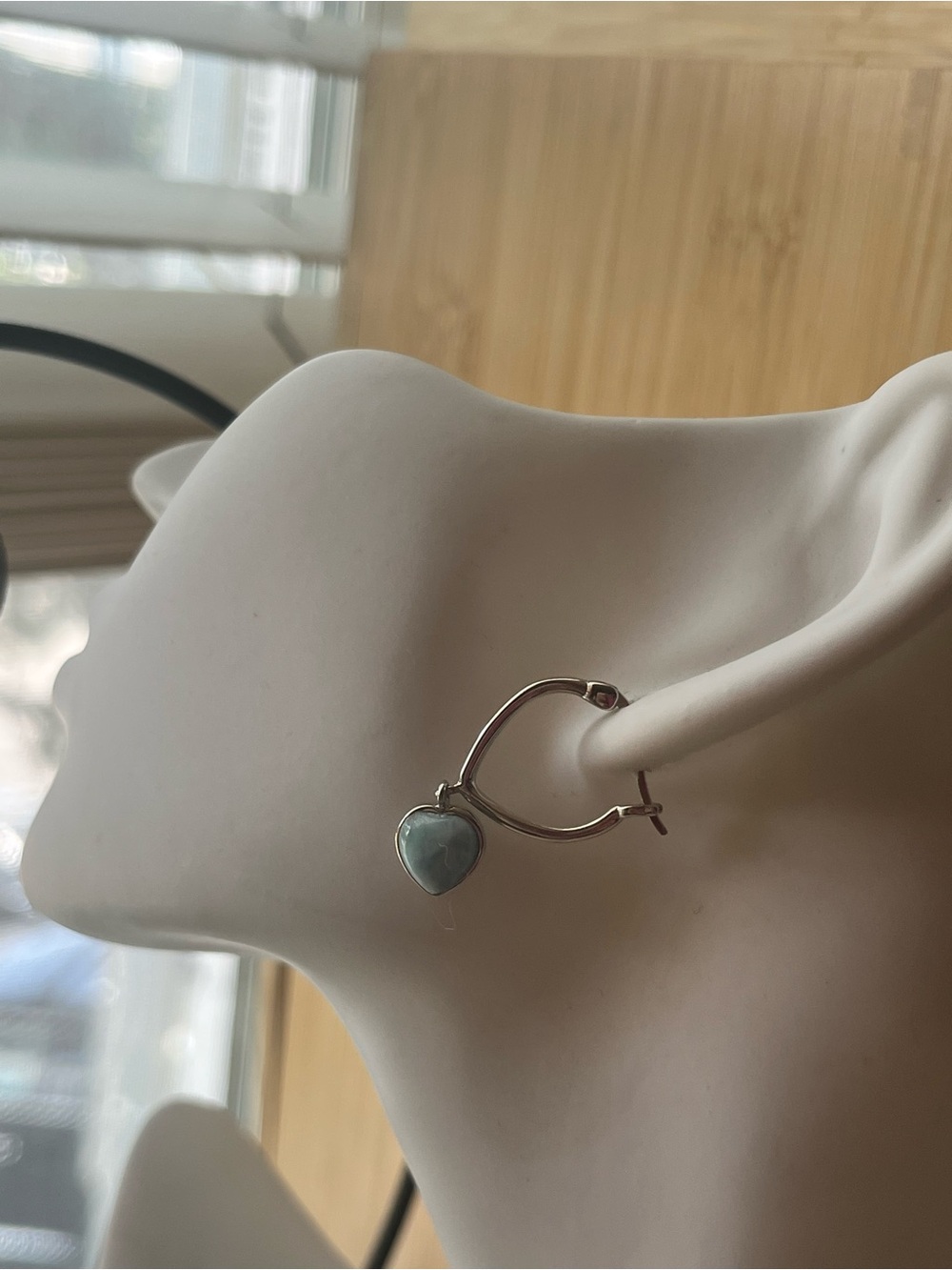 Sterling Silver Hoop Earrings with Pale Blue Larimar Heart Charm